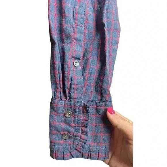 J.Crew Women's Blue Red Mini Windowpane Cotton Ruffle Popover Blouse Size 6 - Picture 5 of 8